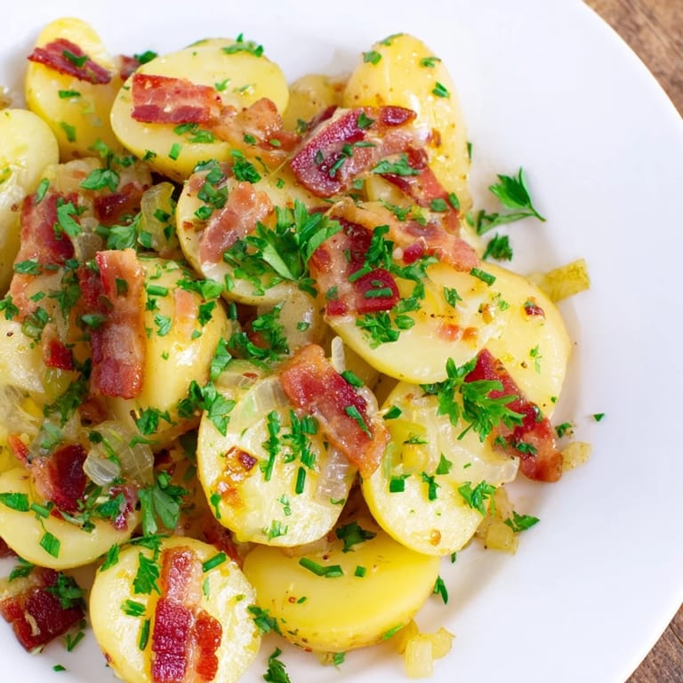 A close-up of a bowl filled with hearty, warm German potato salad, ready to be enjoyed.
