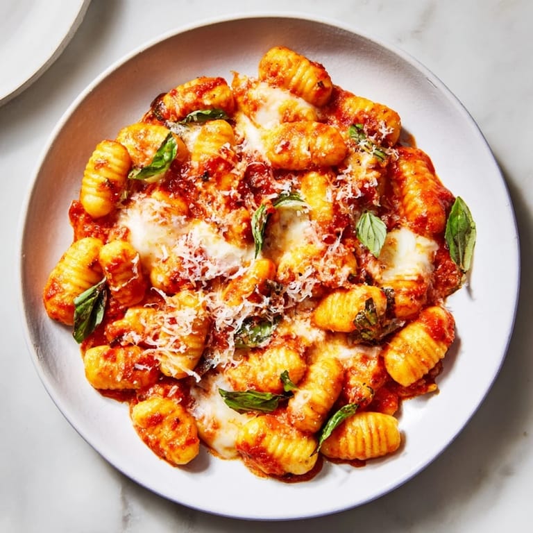 A close-up of delicious, tender potato gnocchi covered in flavorful tomato sauce, ready to eat.