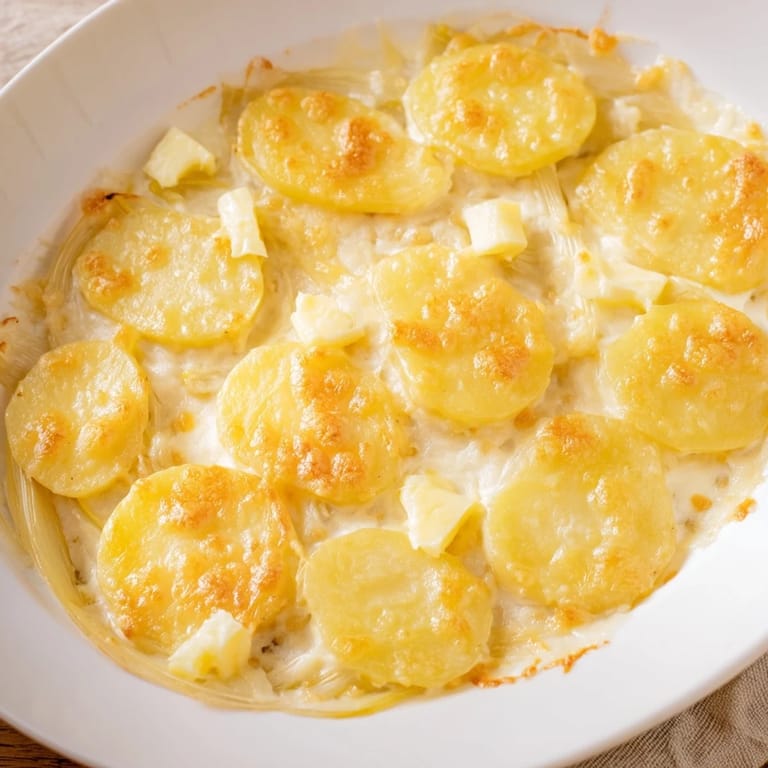 Delicious, baked Potato and Leek Oven Gratin, showcasing tender potatoes and creamy sauce.