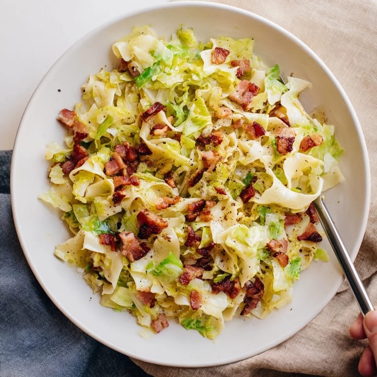 A comforting, flavorful close-up shows the hearty German Fried Bacon Cabbage Noodles ready to eat.