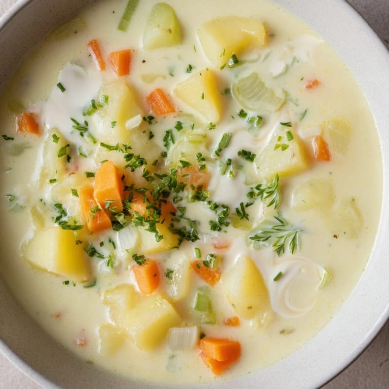 Steaming, hearty German Potato Soup with tender potato chunks and savory vegetables.