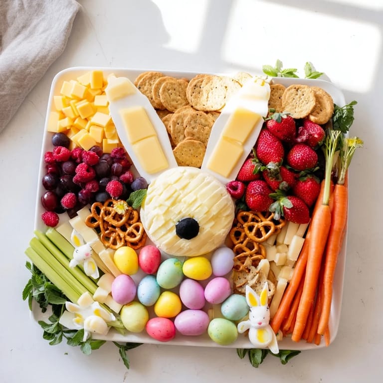 Delicious Bunny Ears Easter board, showcasing an array of vegetarian snacks perfect for your Spring party.