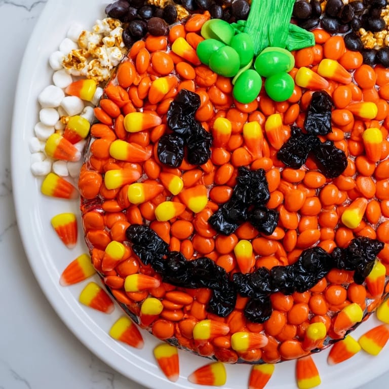 The colorful Jack-o-Lantern Candy Board, with creative candy arrangement, looks delicious and inviting.
