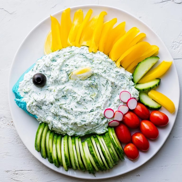 This Ocean Blue Fish-Shaped Dip Tray features a vibrant, creamy, and visually stunning appetizer platter ready to enjoy.