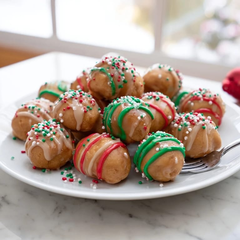 Golden-fried Christmas Ornament Beignets, sprinkled with festive colors, perfect for sharing and enjoying.