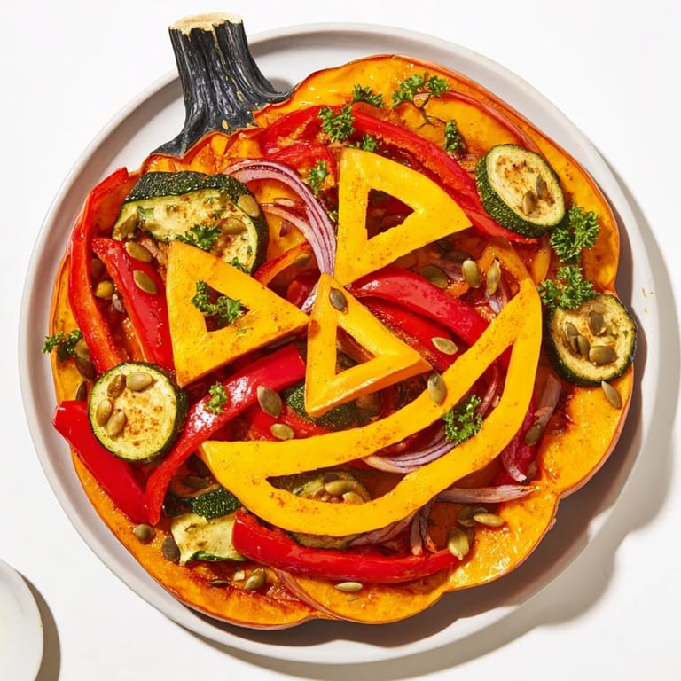 Warm, inviting image: Roasted pumpkin lantern plate bursting with vibrant autumn colors.