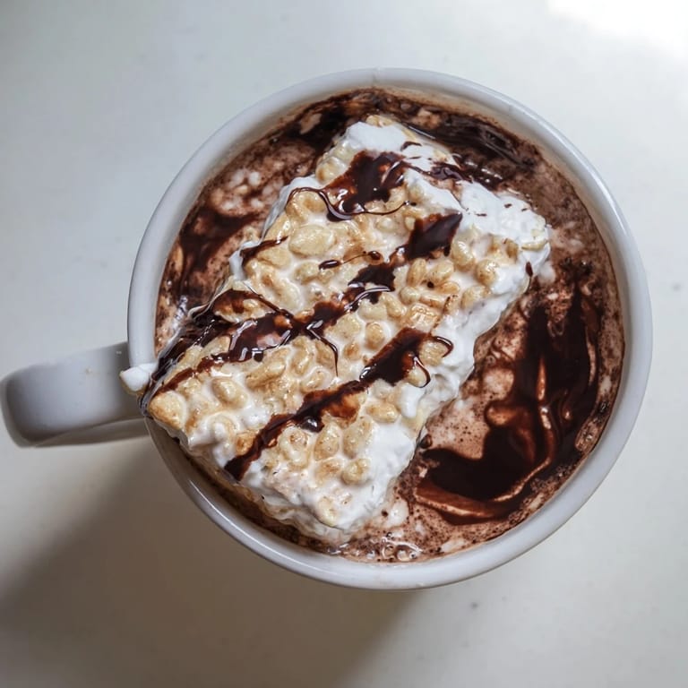 Steaming mug of hot chocolate crowned with a melting, fluffy cozy bear marshmallow bar.