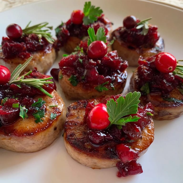 Golden-brown festive holly berry sausage bites, garnished with fresh rosemary and cranberries on a serving platter.