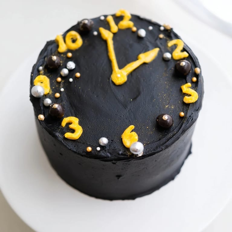 Festive countdown clock mini desserts, frosted with black buttercream and edible pearls, ready to celebrate.