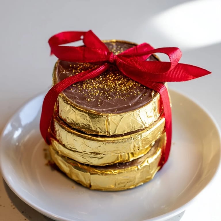 Eye-level view of a delicious chocolate gold coin stack, glistening with gold glitter and ribbons.