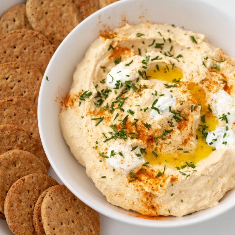 The easy dips recipe, with vibrant colors, displays both hummus and a creamy yogurt dip with crackers.