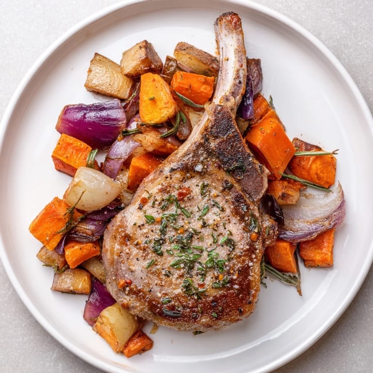 A close-up of The Perfect Sheet Pan Pork Chop & Roasted Root Veggies, showing tender pork and colorful roasted root vegetables.