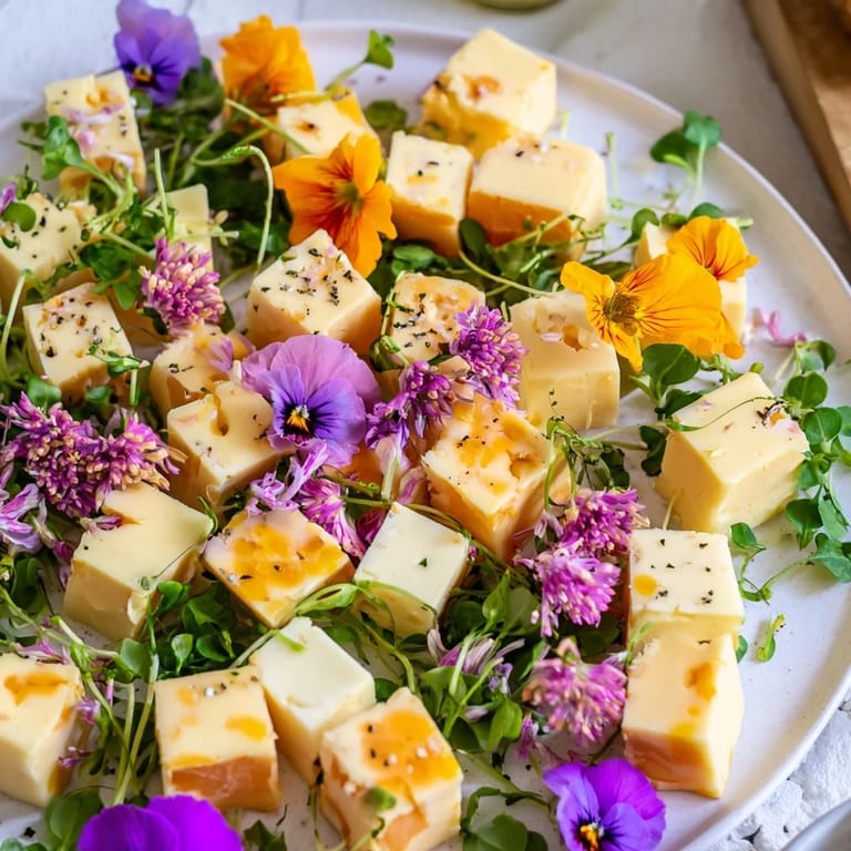 A beautiful The Secret Garden appetizer, showcasing vibrant edible flowers hiding cheese delights.