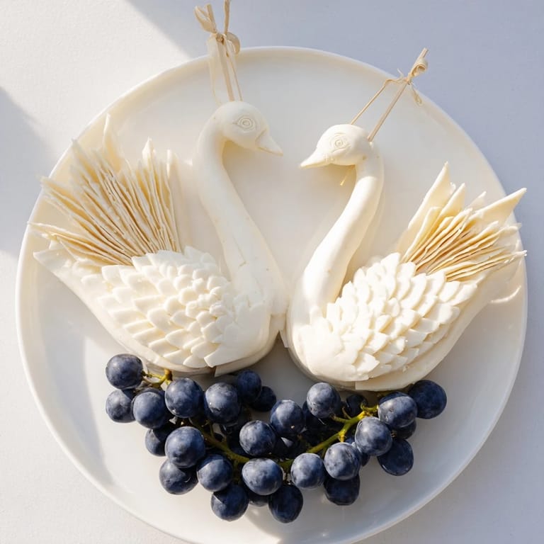 Beautiful Elegant Swan Lake Board, featuring graceful cheese swans amid a sea of fresh grapes.