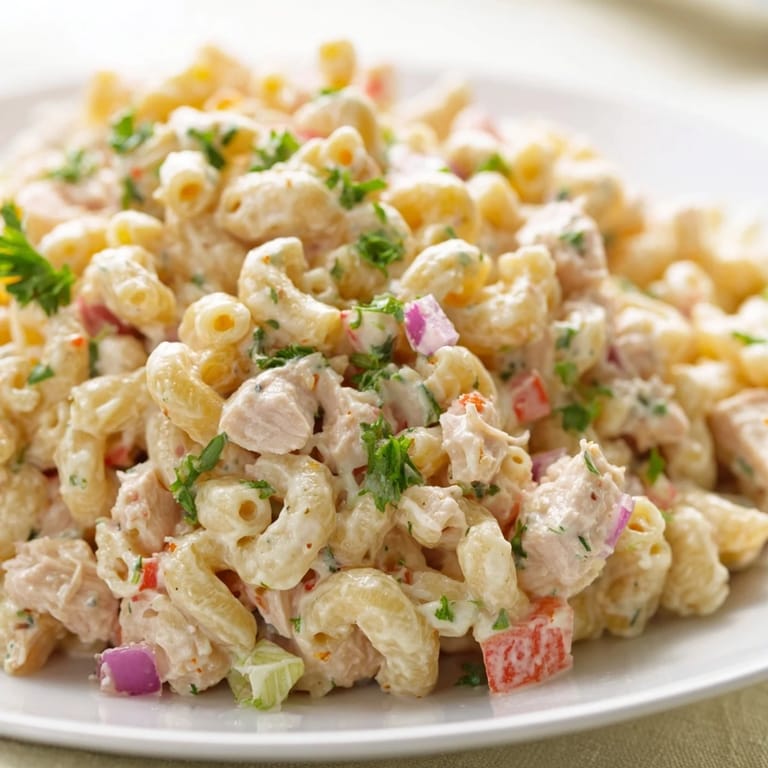 Homemade Chicken Macaroni Holiday Salad, ready to serve, garnished with parsley and paprika.