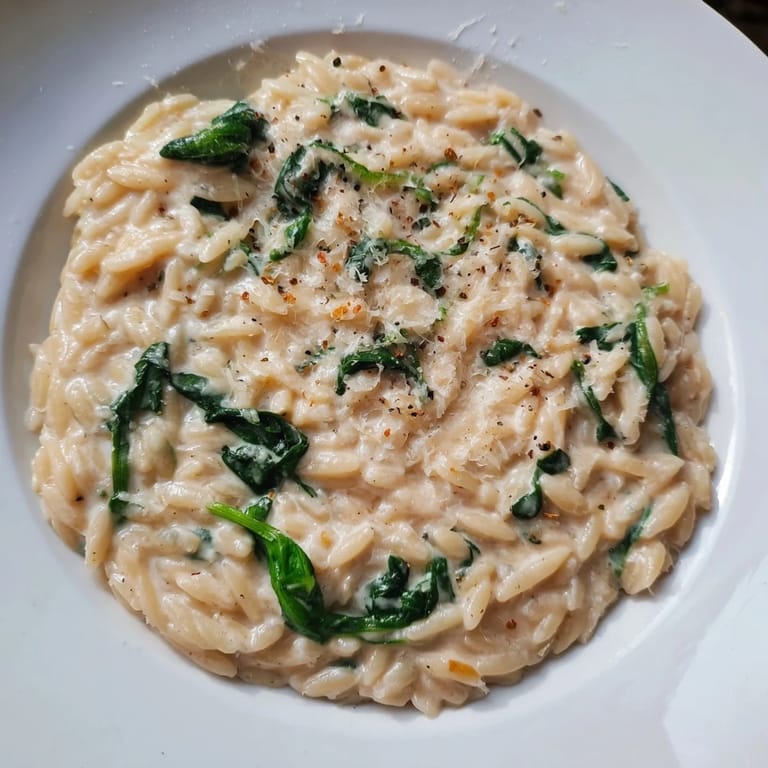 Creamy Spinach Orzo: A close-up of the finished pasta, rich with creamy sauce and spinach.
