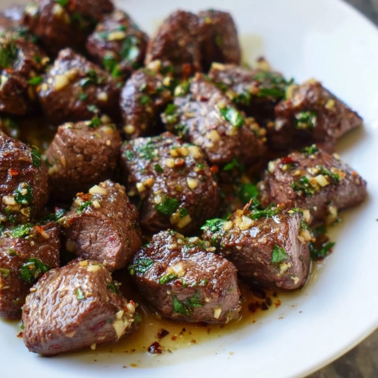 A close-up of delicious Garlic Butter Steak Bites, perfectly seared with a sprinkle of fresh parsley.