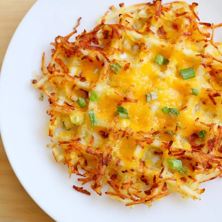 Nahaufnahme von dampfenden, käsigen Hash Brown Waffles, die zum Knuspern und Genießen einladen.