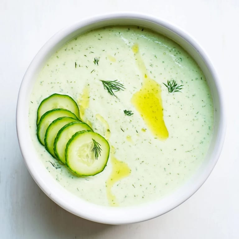 Cool, refreshing Chilled Cucumber Garlic Soup, a vibrant green, with a swirl of olive oil on top.