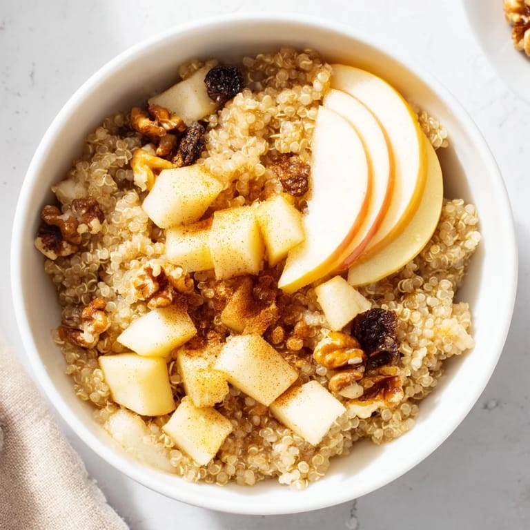 A close-up of a delightful apple cinnamon quinoa bowl, showing textures, ready to eat this morning.