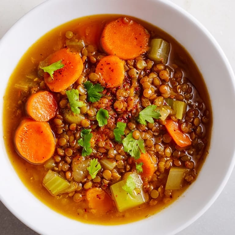 Close-up of a flavorful Spiced Carrot Lentil Soup, showcasing tender carrots and warming spices in a bowl.