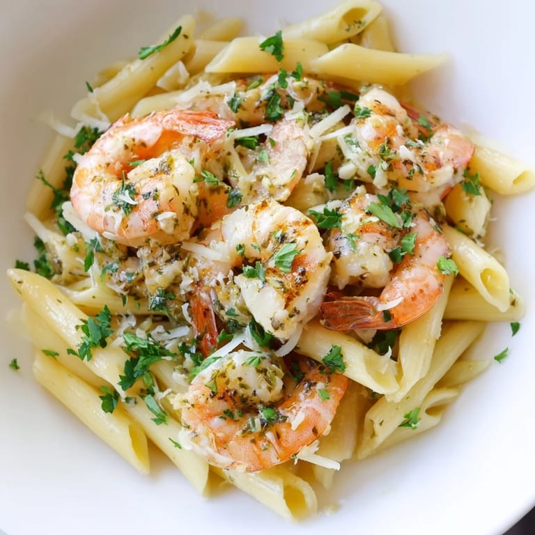 Golden garlic shrimp penne, a quick and easy Italian-American recipe, ready to serve with Parmesan.
