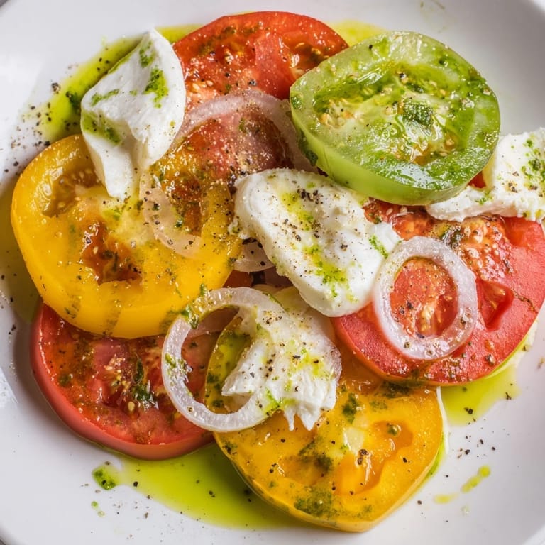 Brightly colored Summer Tomato Salad with Basil Oil, displaying juicy tomato slices and creamy mozzarella.