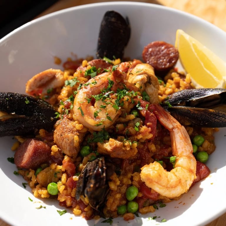 Close-up of a steaming Paella Spanish rice dish ready to serve, a flavorful seafood delight.