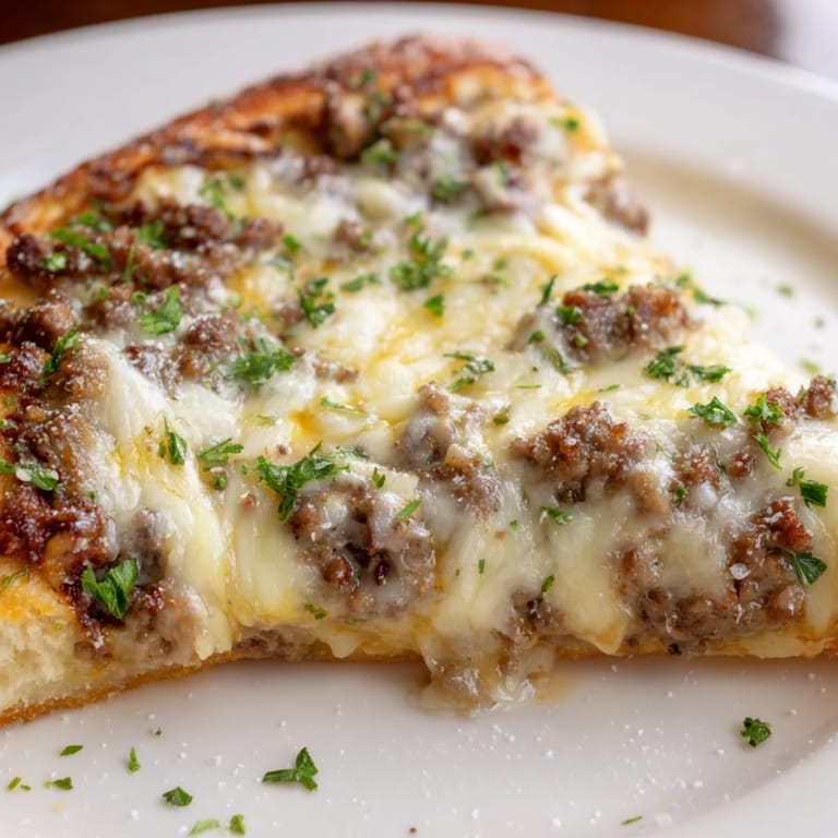 A close up shows the Ground Beef Alfredo Pizza, with its golden crust and creamy Alfredo sauce, ready to serve.