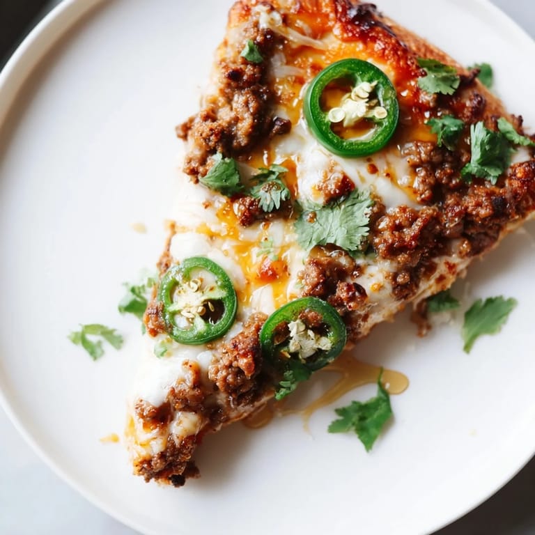 A freshly baked Spicy Ground Beef Pizza, with bubbly cheese and savory ground beef toppings.