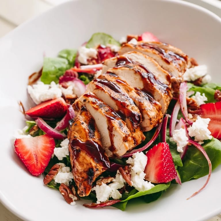 Die Honey Balsamic Chicken Salad präsentiert gegrilltes Hähnchen, frische Erdbeeren und Ziegenkäse auf knusprigen Blattsalaten.