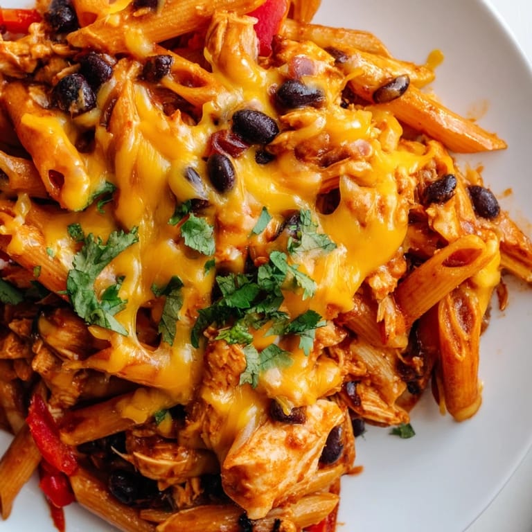 Chicken-Enchilada-Pasta in einer Auflaufform, garniert mit Avocado und cremigem Sauerrahm.