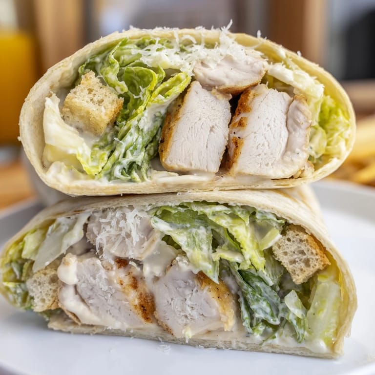Hausgemachte Caesar Chicken Salad Wraps mit gegrilltem Hähnchen, knusprigen Croutons und würziger Parmesan-Füllung für unterwegs.