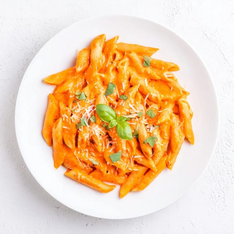 A bowl of Creamy Roasted Red Pepper Pasta topped with fresh basil and grated cheese.