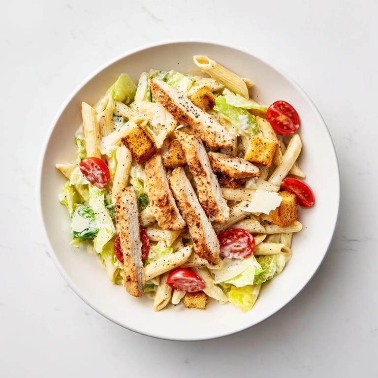 A fresh Caesar Pasta Chicken Bowl featuring tender chicken, cherry tomatoes, and garlic croutons, served warm over pasta.