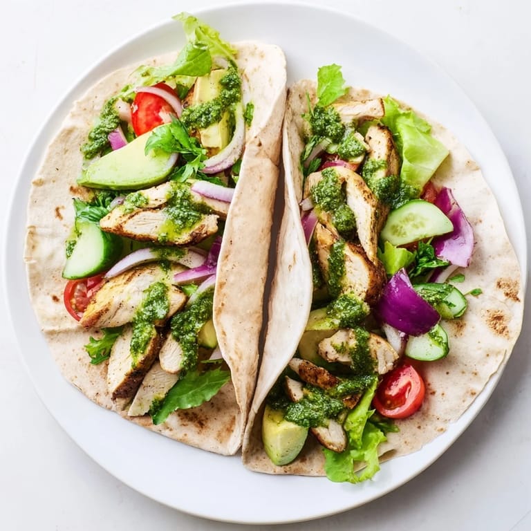 Der Chimichurri Chicken Salad Wrap liegt mit Koriander, Petersilie und rostigen Tortillas auf einer hellen Oberfläche.