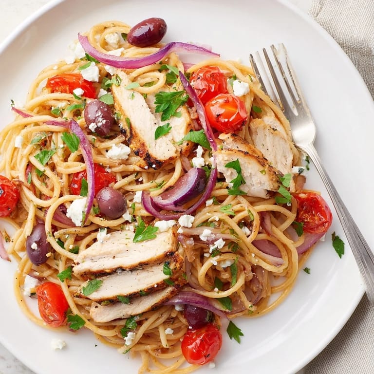 Griechische Hühnchen-Spaghetti, frisch angerichtet mit saftigem Hühnchen, Kalamata-Oliven und cremigem Feta auf Spaghetti.