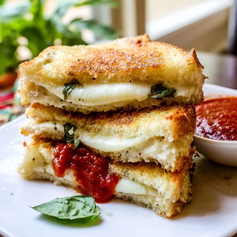 Frische Mozzarella-Scheiben und Tomatenscheiben werden zwischen knusprigem Sauerteigbrot gebacken, perfekt zum Eintauchen.