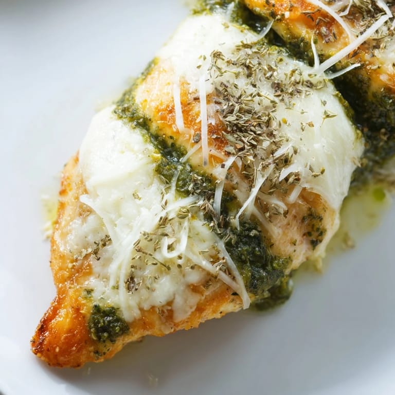 Delicious stuffed chicken breast with oozing mozzarella cheese and basil pesto filling on a serving plate.