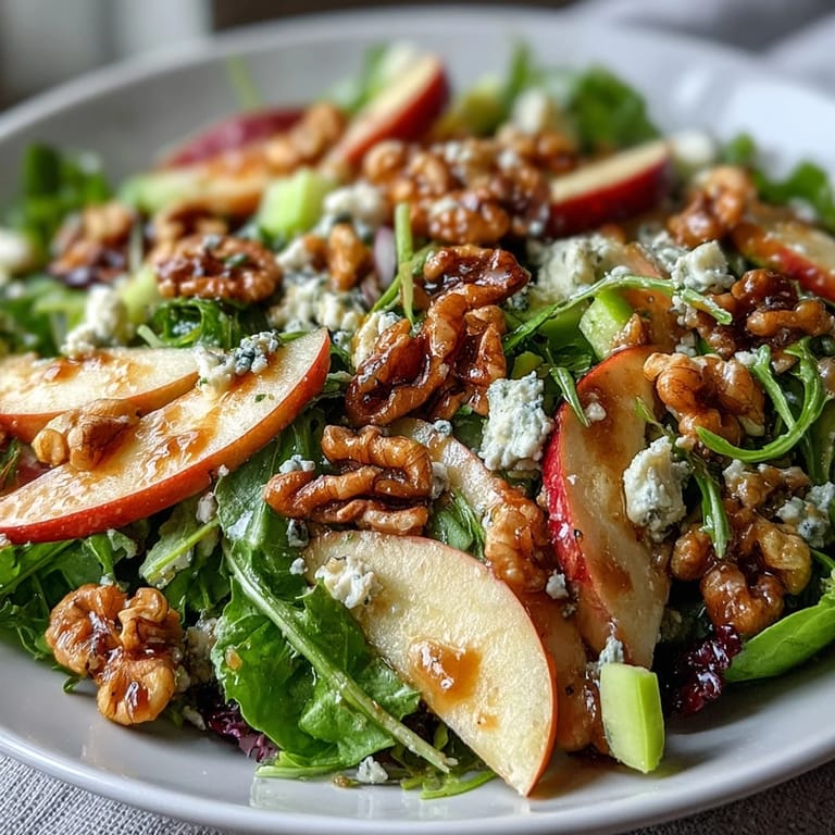 Herzhafter Apfel-Walnuss-Salat, ein schnelles, glutenfreies Gericht mit knackigen Nüssen.