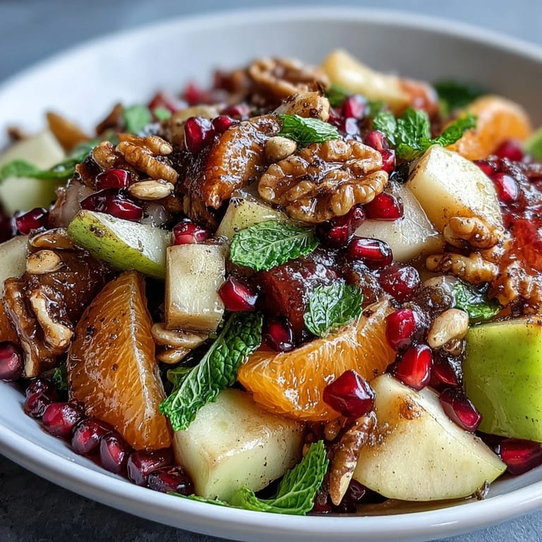 Saftiges Pomegranate und Walnut Salad angerichtet auf rustikalem Holz, mit Zitrusdressing beträufelt und goldenen Walnüssen.