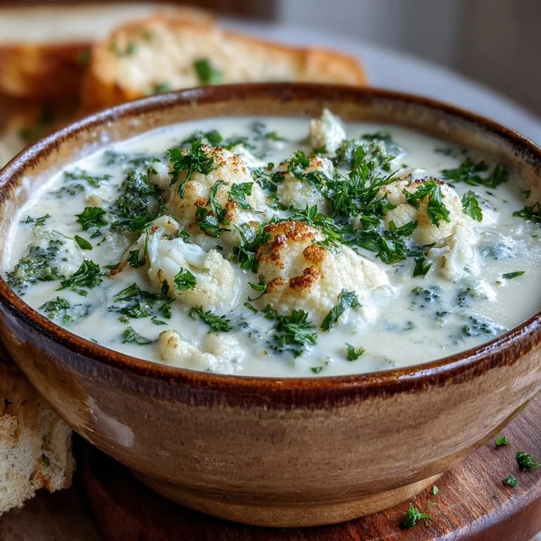 Serving suggestion for Creamy Vegetable Soup paired with rustic bread and fresh parsley garnish.
