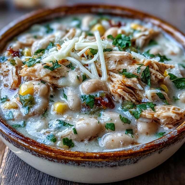 Weiße Hühnchen-Chili mit saftigem Hühnchen, weißen Bohnen und frischer Petersilie im Topf