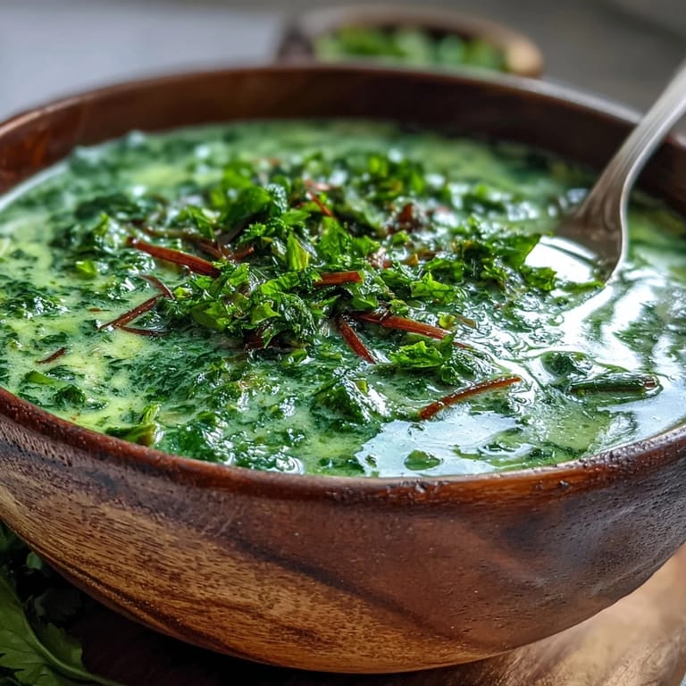 Wohlriechende Spinach Coriander Lemongrass Soup dampft in einer Schüssel, perfekt serviert mit frischen Kräutern.