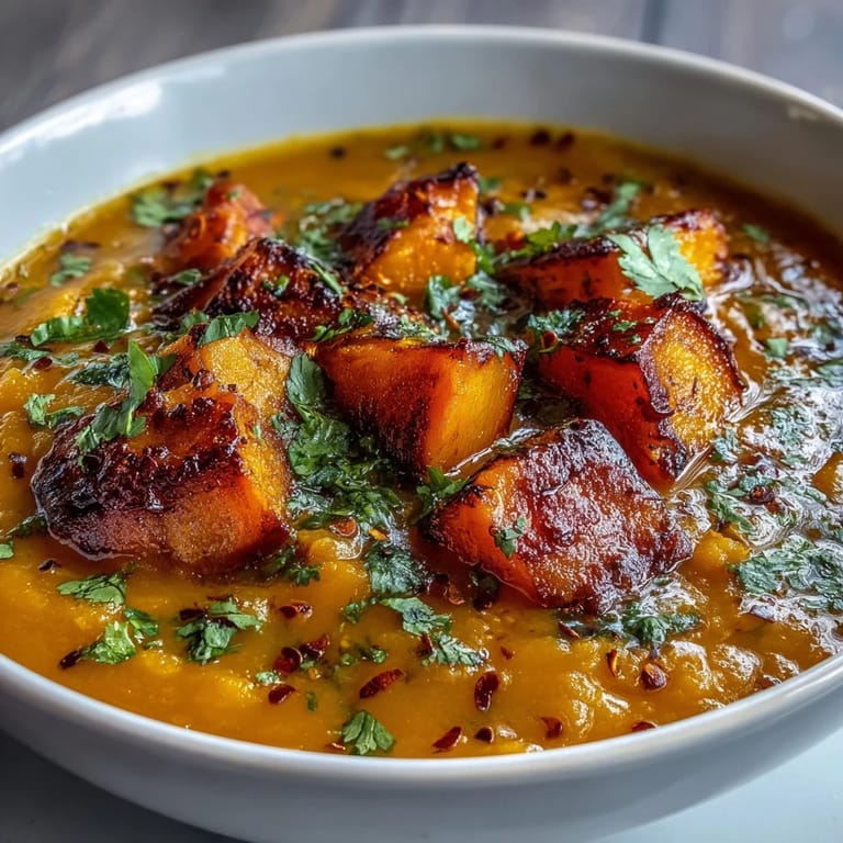 Herzhafte Butternut Squash und Linsen Suppe liegt neben knusprigem Brot und Gewürzen.