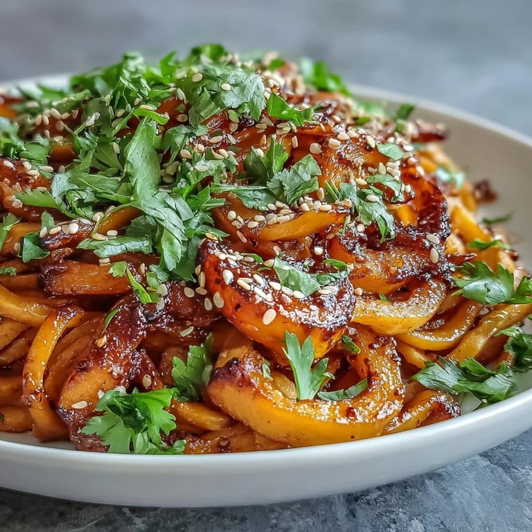 Gochujang Swede Noodles mit Sesam und Koriander für eine feurige Fusion-Küche.