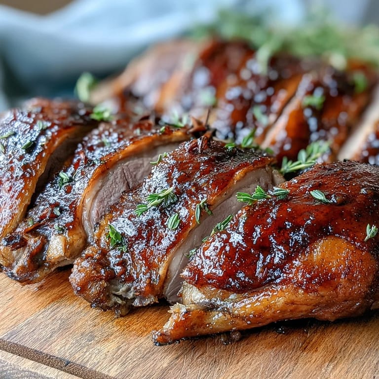 Ein genussvoller Five-Spice Roast Ducks mit knuspriger Haut und würziger Five-Spice-Marinade, perfekt für ein romantisches Valentine's-Menü, angerichtet auf einer Holzplatte.