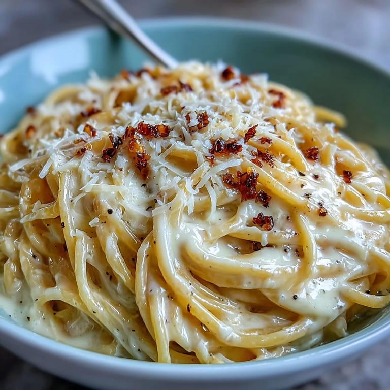 Italienische Cacio e Pepe Gericht mit cremiger Käsesauce und grob gemahlenem Pfeffer, angerichtet auf rustikalem Holz.