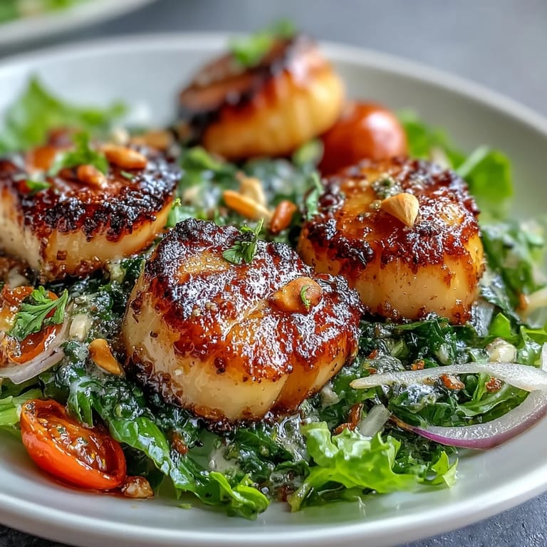 Häusliche Präsentation von Seared Scallops, begleitet von escarolesalat mit Pinienkernen und würziger Zitronen-Pesto-Note.
