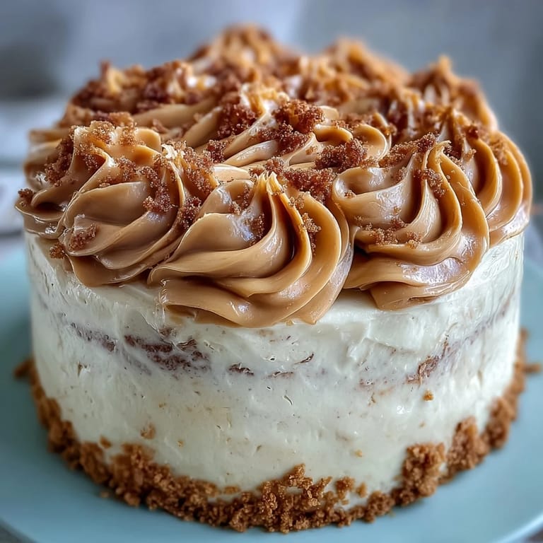 Aufgeschnittener Decadent Baked Biscoff Cake mit cremiger Lotus-Frostung und Keks-Dekoration.